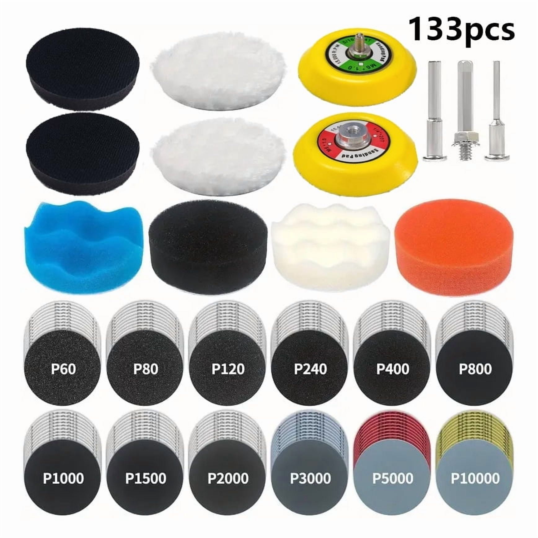 133 PCS Sanding Disc Car Polishing Kit Drill Sanding Attachment, 3 Inch Wet Dry Headlight Restoration Kit,Hook and Loop Sandpaper Buffing Pads for Car, Wood, Metal Polishing