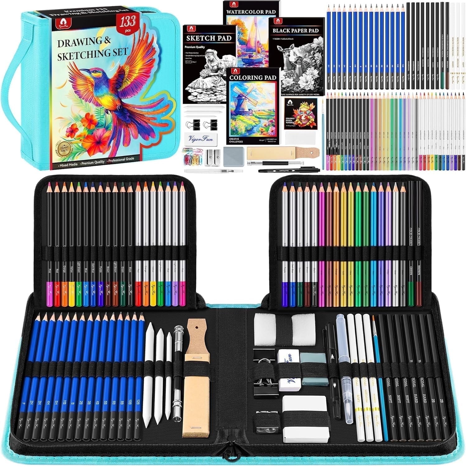 133 PCS Art Supplies Sketching Kit, Drawing Pencils with Sketchbook, Coloring Book, Watercolor Pad, Metallic Pencils for Artists （Green）