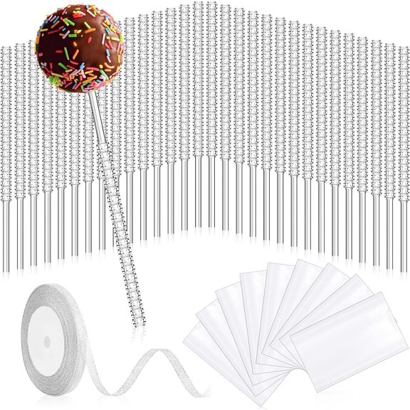 133 Pcs Bling Cake Pop Sticks, Glitter Rhinestone Lollipop Treat Sucker Sticks with Glass Bags and Silver Glitter Ribbons Tie, Candy Holder for Christmas Birthday Party