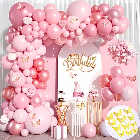 Mxdfafa 133Pcs Pink Butterfly Latex Balloon Arch Kit, Birthday Decorations, BDAY Party, Wedding, Bridal Shower, Anniversary