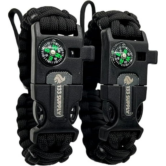 133 Supply 2 Pk Black Paracord Survival Bracelet Compass Whistle Fire Starter Hiking Gear Camping Fishing Hunting Men Women Kids
