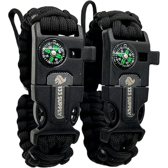 133 Supply 2 Pk Black Paracord Survival Bracelet Compass Whistle Fire Starter Hiking Gear Camping Fishing Hunting Men Women Kids