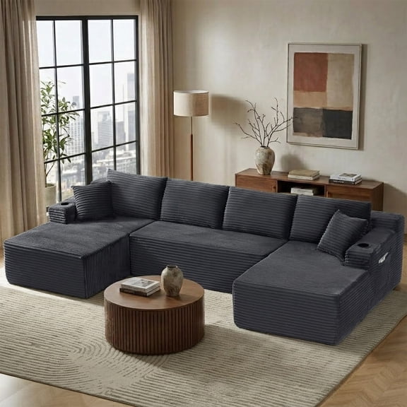 Vanress 133" U-Shaped Modern Sofa Modular Sectional Cloud Couch with Storage & Cupholders, Deep Seat Boneless Couches Corduroy Sofa for Living Room, Bedroom and Apartment, Dark Grey