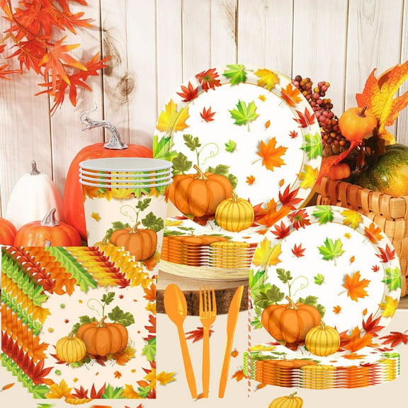 133PC Thanksgiving Disposable Paper Plates Tablecloth Paper Towels Party Set, Fall Maple Leaf Pumpkin Themed Decoration Supplies, Disposable Tableware for Thanksgiving Dinner Party