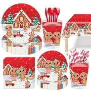 133PCS Christmas Tableware Set Disposable Cutlery Gingerbread Print Paper Plates Cups Napkins Dinnerware for Party Supplies New Year Decoration