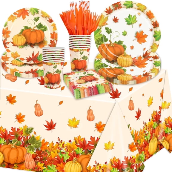 133PCS Thanksgiving Tableware Set for 16 Guests, Pumpkin Maple Leaf Paper Plates and Napkins with Tablecloth for Autumn Theme Party Supplies