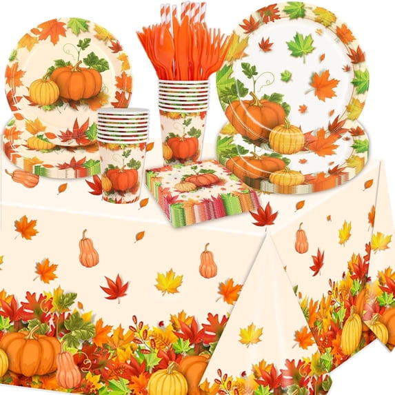 133PCS Thanksgiving Party Supplies, Fall Thanksgiving Dinnerware Set for 16 Guests, Pumpkin Maple Leaf Tableware Set with Tablecloth for Autumn Party Decorations