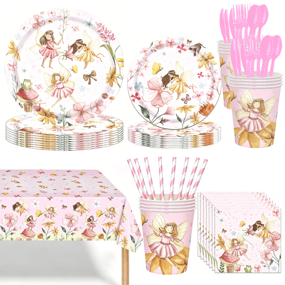 133Pcs Fairy Party Supplies for Girls 1st 2rd First Birthday, Fairies Enchanted Themed Baby Shower Party Decorations, Garden Flower Tableware Set Paper Plates Napkins Cups Tablecloth Cutlery for 16