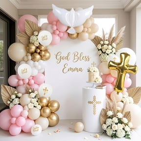 133Pcs First Holy Communion Pink Balloon Garland Arch Kit God Bless & Cross Printed Balloons Dove & Foil Cross Balloons for God Bless Baptism Christening Birthday Baby Shower Party Supplie Moxige VT1