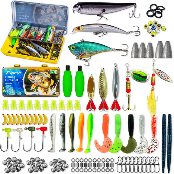 145Pcs Fishing Tackle Box with Tackle Included, 145Pcs Fishing Lures Kit with Jigs, VIBs, Minnows, Soft Baits, Floats