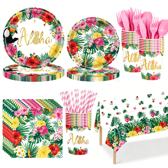 133Pcs Hawaiian Luau Party Decorations Supplies, Aloha Tropical Birthday Decorations Disposable Dinnerware Set Paper Plates Napkin Cup for Summer Beach Pool Themed, Serves 16 Guests