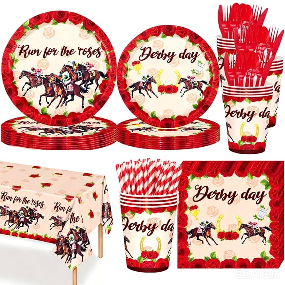 133Pcs Run for The Roses Party Supplies Tableware Set, Derby Day Paper Plates Napkins Cutlery Tablecloth Disposable Horse Racing Decorations Favors for Kentucky Party, Serves 16 Guests