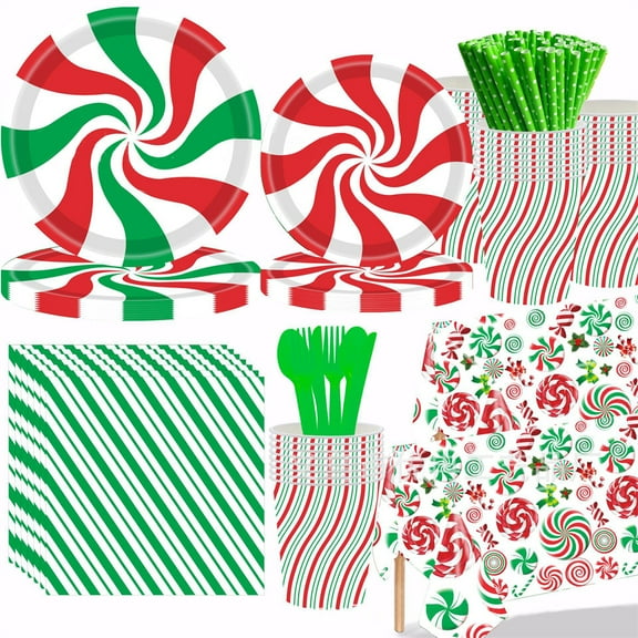 133pcs Christmas Candy Cane Party Supplies Tableware Set, Christmas Peppermint Candy Disposable Dinnerware for 16 Guest-1 Candy Cane Table Cover 16 Plates Cups Knife Fork Spoon Napkins Straw