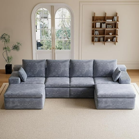 134.5" U-Shape Modular Sectional Sofa, Corduroy Couch, Compressed Space-Efficient Sofa for Living Room & Bedroom - Gray (No Assembly Required, Modern Minimalist Style)