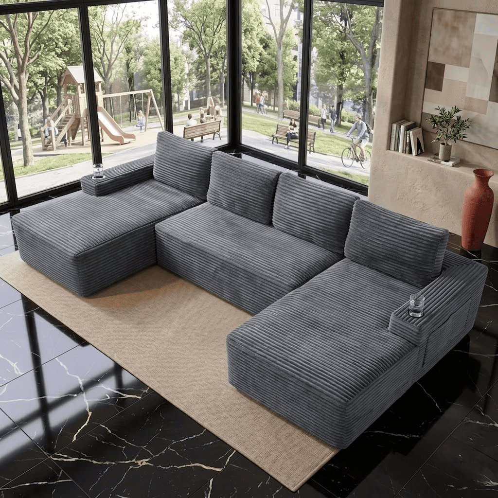EPOWP 133" Modular Cloud Couch Sectional Sofa, U-Shaped Oversized Sofa with Chaise, Boneless Deep Seat Corduroy Couch with Memory Foam, Cup Holders & Side Pockets, No Assembly Required, Grey