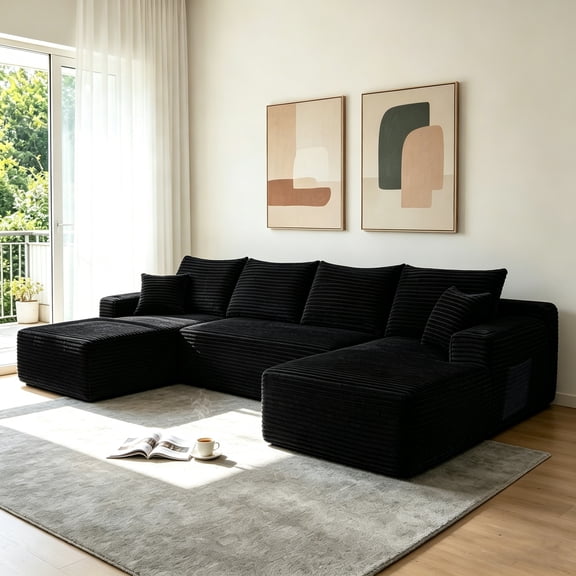 134" Cloud Sectional Sofa with U-Shape Chaise and Side Pockets and Cup holder , Modern Modular Design, Deep Seating, Upholstered Couch for Living Room/Bedroom, No Assembly Required (Plush)Black