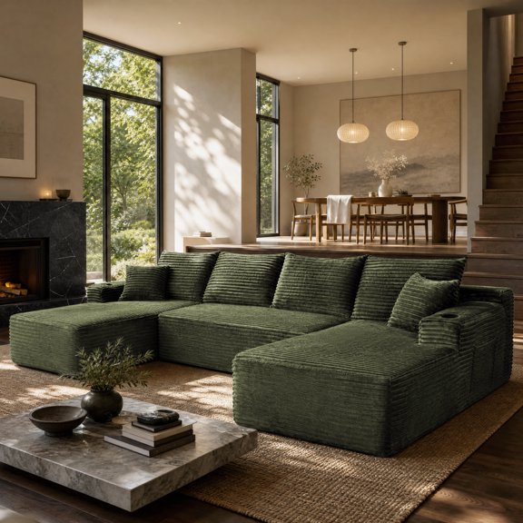 134" Cloud Sectional Sofa with U-Shape Chaise and Side Pockets and Cup Holder , Modern Modular Design, Deep Seating, Upholstered Couch for Living