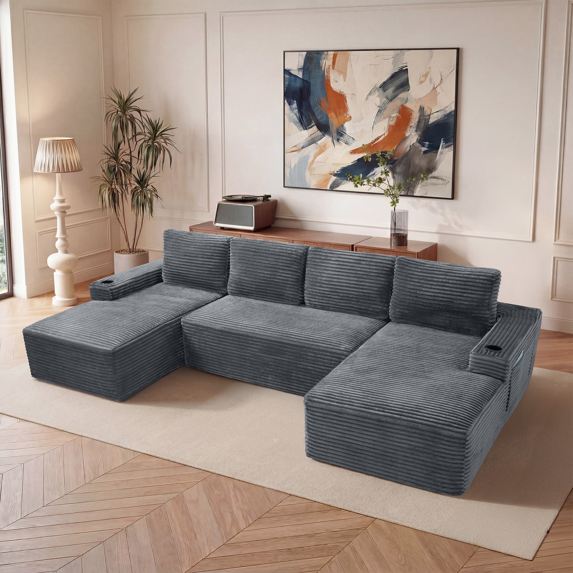 134" Compressible U Shaped Modular Sectional Sofa Set, Minimalist Corduroy Cloud Couch for Living Room, No Assembly Required