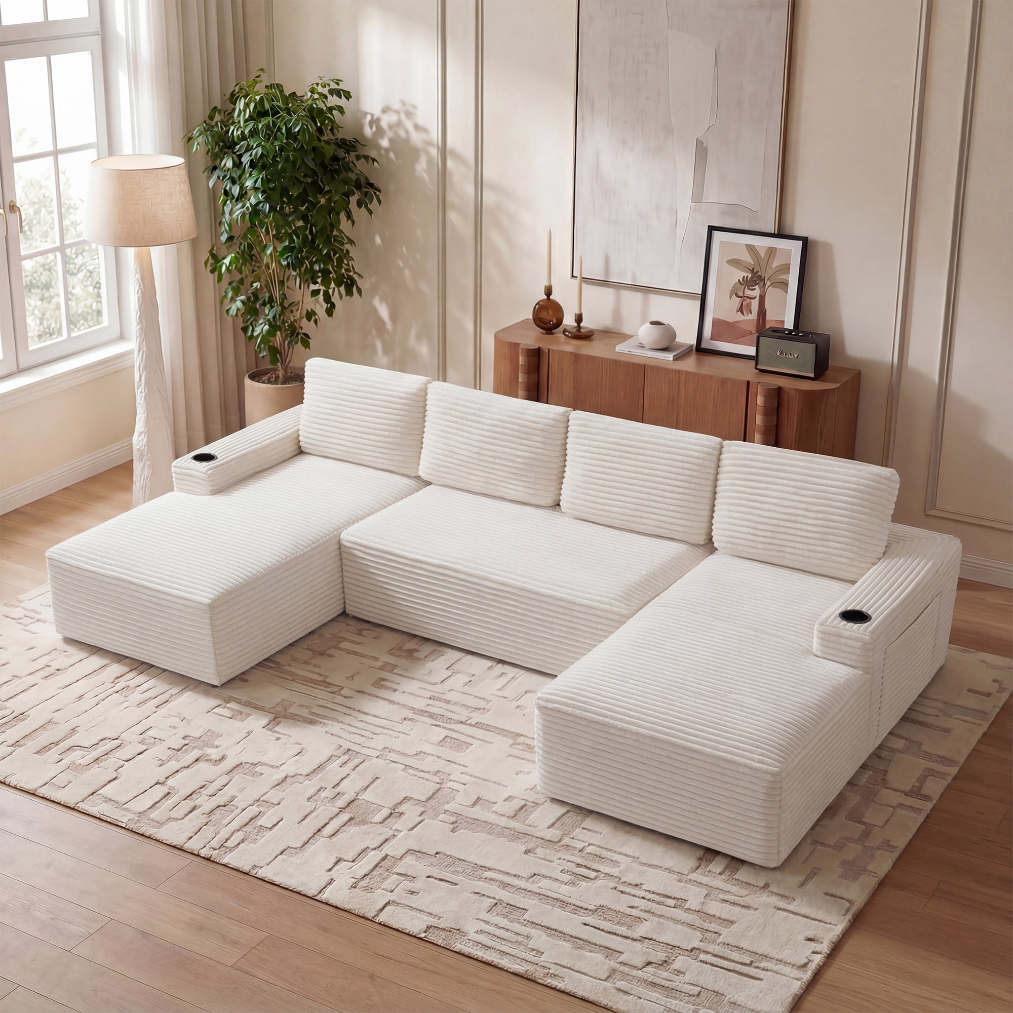 134" Compressible U Shaped Modular Sectional Sofa Set, Minimalist Corduroy Cloud Couch for Living Room, No Assembly Required