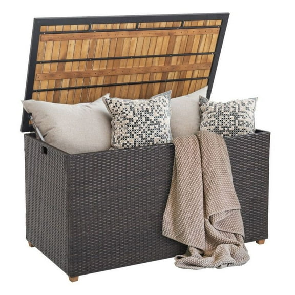 134 Gallon Rattan Storage Box, Outdoor Deck Box with Acacia Wood Top & Liner, Patio Furniture Storage Container, Weather Resistant