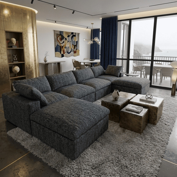 Howcool 134" U Shaped Modular Sectional Sofa, 6 Seat Cloud Couch with Thick Cushions and 2 Movable Ottomans, Chenille, Corduroy or Linen Upholstery, Blue Gray