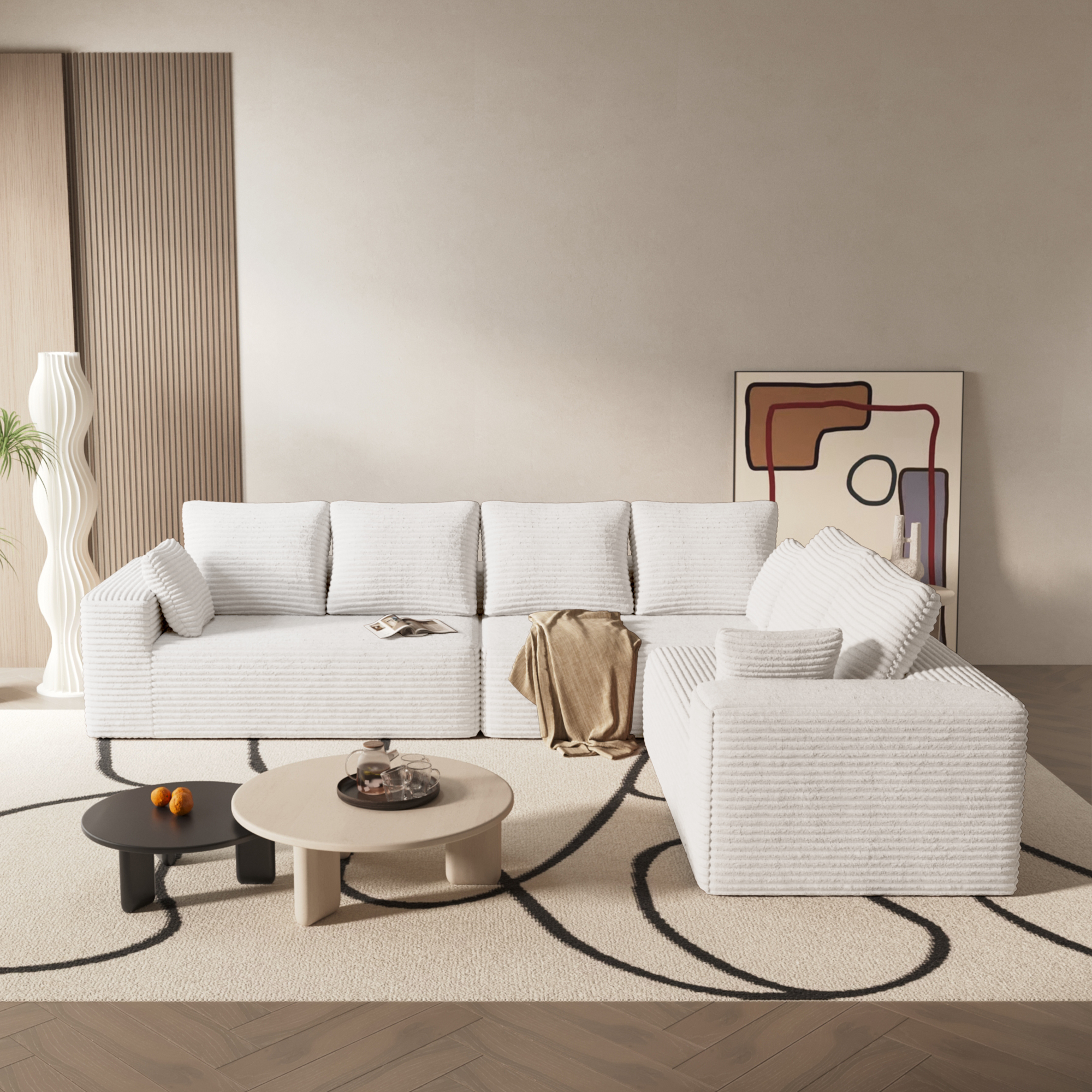 134" Modern L-Shaped Sectional Sofa for Living Room Bedroom, Modular Cloud Sectional Couch with Deep Seating Upholstered Sofa, Free Combination Sofa, Corduroy Upholstery, No Assembly, Beige Couch