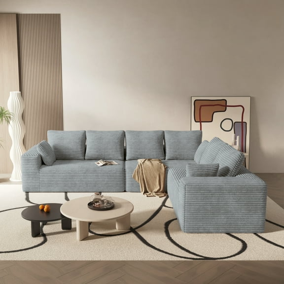 134" Modern L-Shaped Sectional Sofa for Living Room Bedroom, Modular Cloud Sectional Couch with Deep Seating Upholstered Sofa, Free Combination Sofa, Corduroy Upholstery, No Assembly, Gray Couch