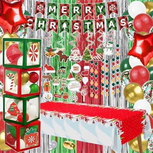 134 Pcs Christmas Decorations Indoor, Christmas Party Supplies - "MERRY CHRISTMAS" Banner, Photo Prop, Balloon Party Kit, Hanging Swirl, Fringe Curtain