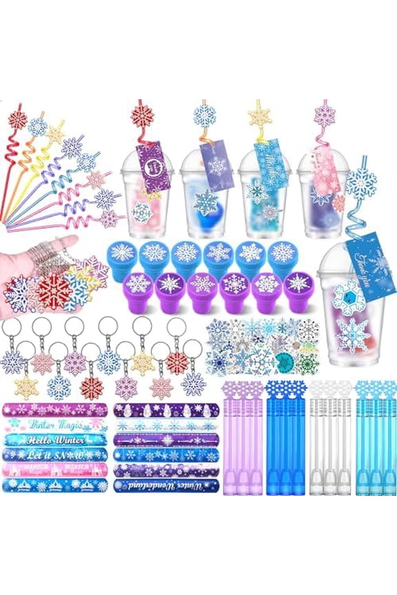 134 Pcs Frozen Party Favors - Goodies Cups, Stampers, Straws, Keychains, Slap Bracelets, Stickers for Winter/Birthday.