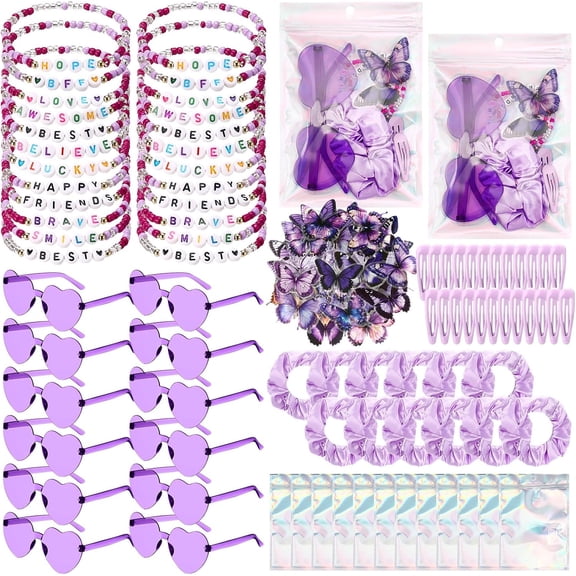 134 Pcs Kpop Disco Party Favors Popular Singer Friendship Gift Set Birthday Bracelets Sunglasses Satin Scrunchie Clips Stickers Bags for 80s Y2k Fans Women(Heart,Purple)