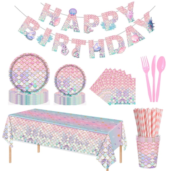 134 Pcs Mermaid Birthday Party Decorations, Mermaid Tableware Set Include Mermaid Plate Napkin Tablecloth Cup Fork Spoon Knife Banner, Girls Baby Shower Ocean Party Supplies, Serves 16 Guests