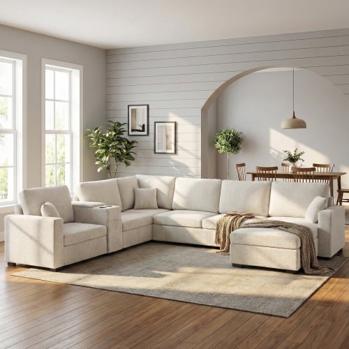134" U-Shape Modular Sectional Sofa, 5-Seat Couch with Chaise Lounge, Deep Seat, Built-In Cup Holders, Storage Drawer and Pillows, Beige