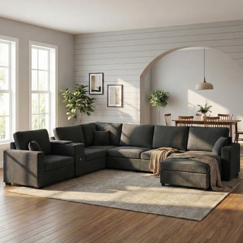 134" U-Shape Modular Sectional Sofa, 5-Seat Couch with Chaise Lounge, Deep Seat, Built-In Cup Holders, Storage Drawer and Pillows, Black