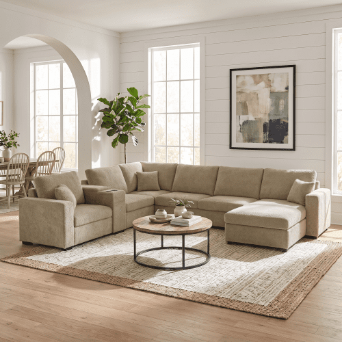 134" U-Shape Modular Sectional Sofa, 5-Seat Couch with Chaise Lounge, Deep Seat, Built-In Cup Holders, Storage Drawer and Pillows, Brown