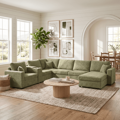 134" U-Shape Modular Sectional Sofa, 5-Seat Couch with Chaise Lounge, Deep Seat, Built-In Cup Holders, Storage Drawer and Pillows, Green