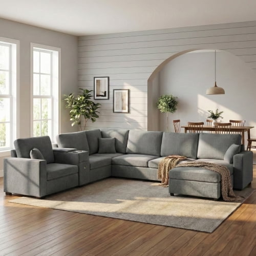 134" U-Shape Modular Sectional Sofa, 5-Seat Couch with Chaise Lounge, Deep Seat, Built-In Cup Holders, Storage Drawer and Pillows, Grey