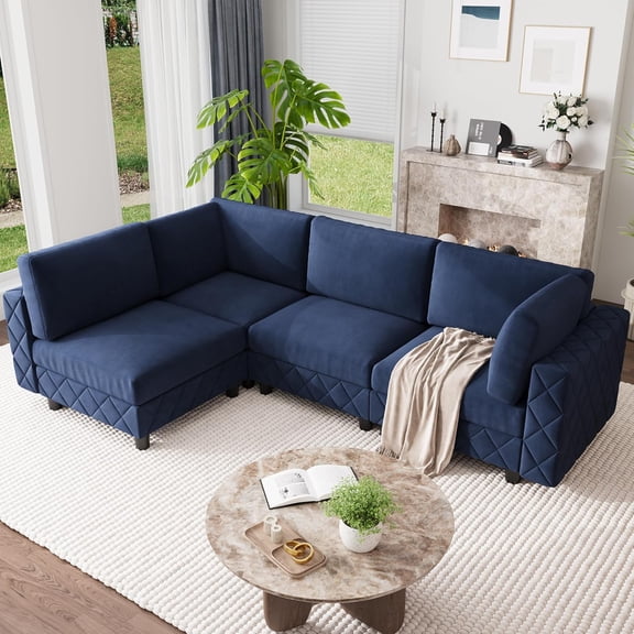 134 in Modular Sectional Sofa, 4 Seat High Density Sponges Cloud Couch L Shaped Sofa, Velvet Couch with Upholstered for Living Room, Apartment Blue