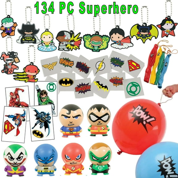 134 pc Super Hero Party Favor Pack (12 Superhero Buildables & 48 Superhero Tattoos, 12 Punching Balloon Punchballs, 12 Superhero Keychains), Super Hero Birthday Shop Party Favor Supplies & Decorations