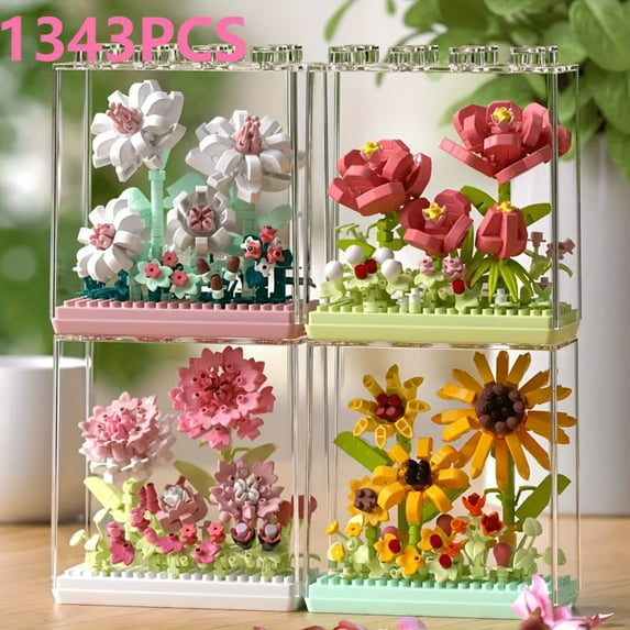1343/1297pcs Flower Building Blocks Set, ABS Plastic Bonsai Desk Toys, Vibrant Multicolor Tiny Plant Arrangements, Home Office Decoration, Creative Birthday Gift for Sister(No Batteries/Electrici)