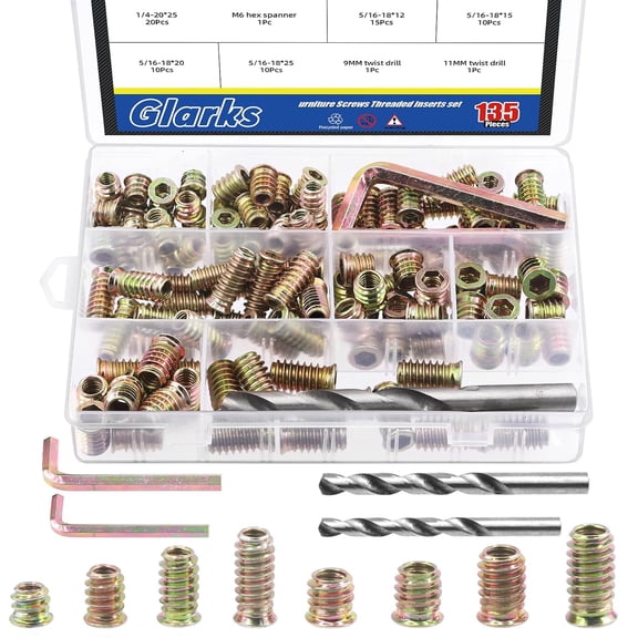 134Pcs 1/4"-20 5/16"-18 Furniture Screw in Nut Threaded Inserts Assortment Kit, 10/12/15/20/25mm Wood Inserts Bolt Fastener Connector Hex Socket Drive with Twist Drill and Hex Wrench Set