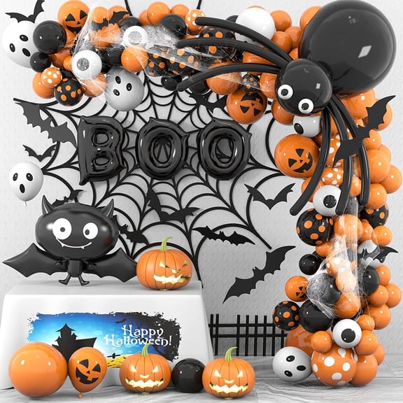 134Pcs Halloween Balloons Garland Kit, Black Orange Balloons Spider Balloons, Long Balloons, 3D Bat Sticker for Halloween Theme Party Background Classroom Decorations