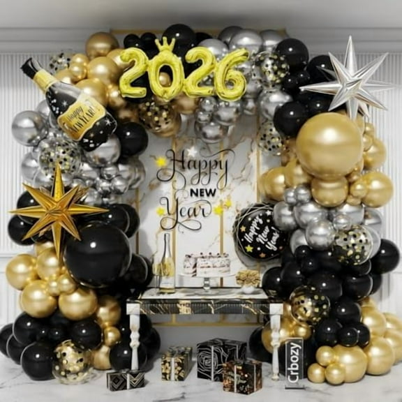 134Pcs Happy New Year Balloon Arch Garland Kit, Black Gold Silver Latex Balloons with Explosion Star Champagne 2026 Foil Balloons for 2026 New Year Eve Anniversary Wedding Birthday Party Decorations