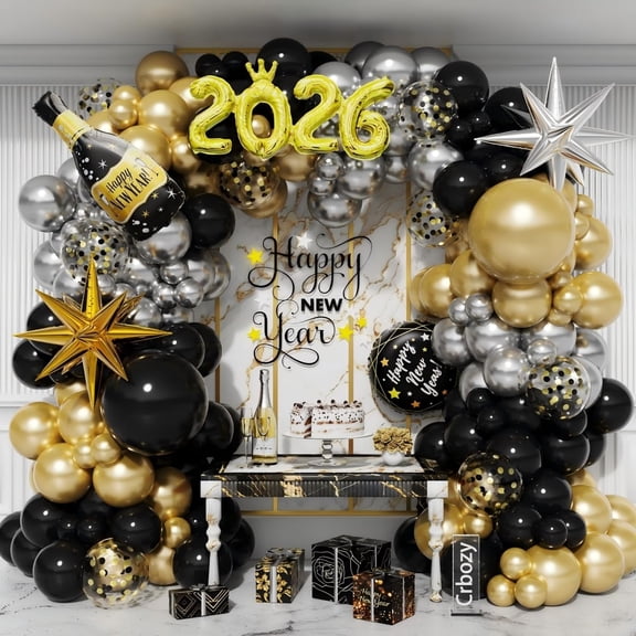 134Pcs Happy New Year Balloon Arch Garland Kit, Gold Silver Latex Balloons with Explosion Star Champagne 2026 Foil Balloons for 2026 New Year Eve Anniversary Wedding Birthday Party Decorations VT4