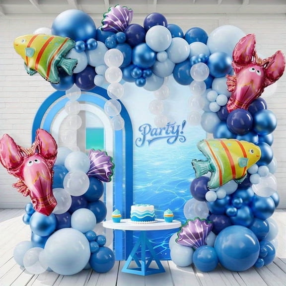 134Pcs Ocean Party Decorations Blue Balloon Arch with Shell Lobster Fish Foil Balloons
