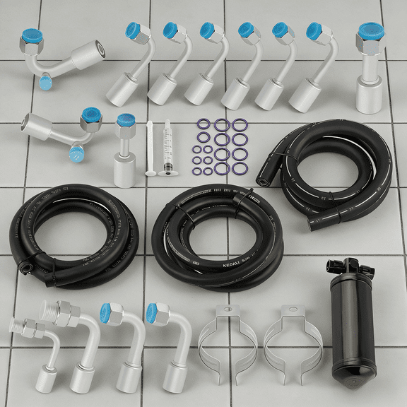 134a A/C Air Conditioning Hose Fittings O-Ring Kit with Black Drier Extended Length Automotive AC Refrigerant Hoses for Car Truck SUV Van R134a Installation Repair Upgrade Replacement Performance