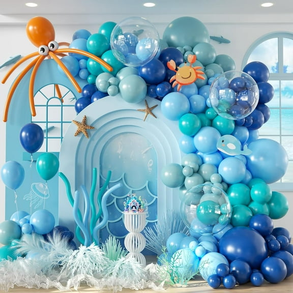 134pcs Under The Sea Balloons Garland Arch Kit with Blue Teal Dusty Blue Orange Long Balloons for Ocean Themed Under The Sea Baby Shower Birthday Party Decorations