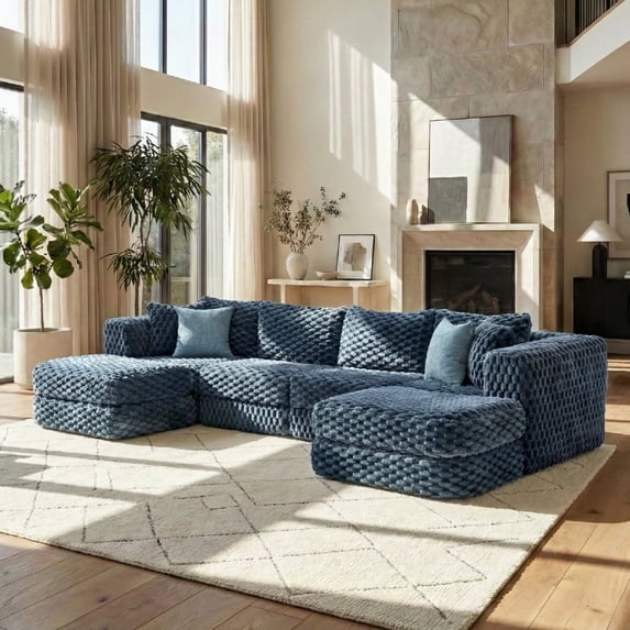 135.4" Boneless Modular Sectional Sofa Couch, 6-Seat Cozy Sectional U-shaped Sofa Couch with 2Movable Ottomans for Living Room, Apartment, Office, No Assembly Required, Blue