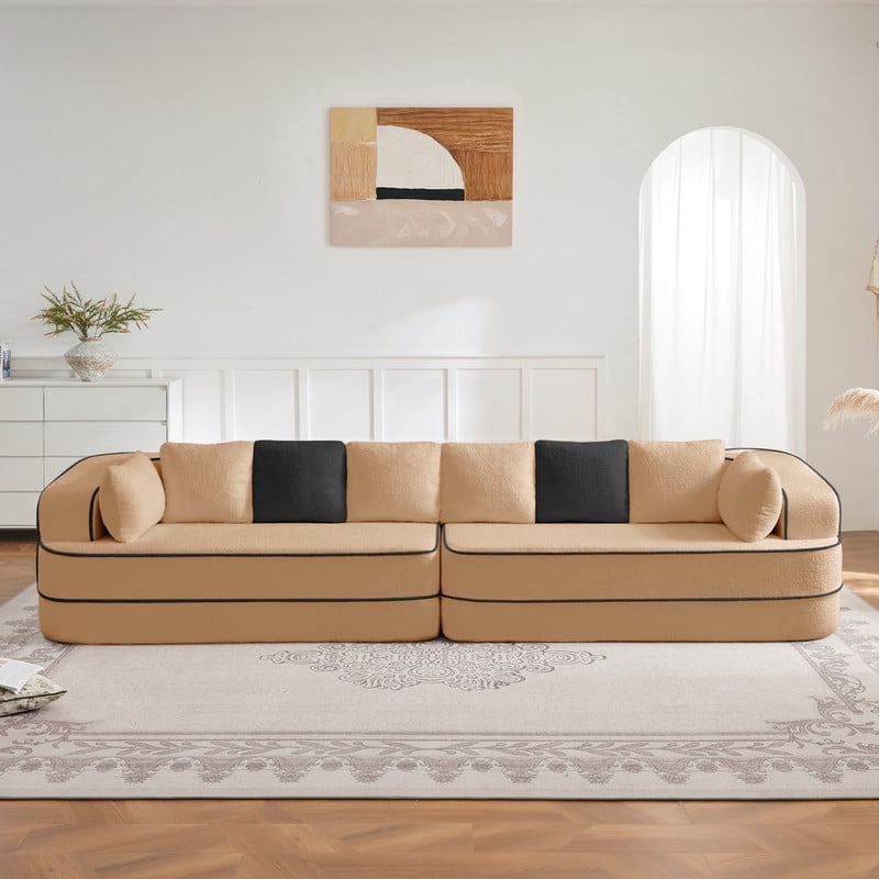 135" 4-Seat Teddy Fabric No Assembly 32D High Density sponge Boneless Sofa Fluffy Comfy Couch,Oversize sofa,Contrast color design,Symmetrical aesthetics,for Living Room,Camel