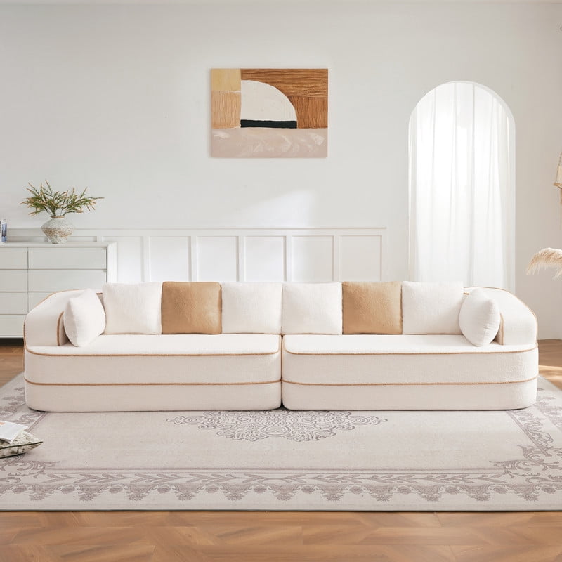 135" 4-Seat Teddy Fabric No Assembly 32D High Density sponge Boneless Sofa Fluffy Comfy Couch,Oversize sofa,Contrast color design,Symmetrical aesthetics,for Living Room,White