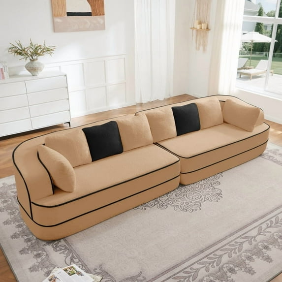 135" 4-Seat Teddy Fabric No Assembly 32D High Density sponge Boneless Sofa Fluffy Comfy Couch,Oversize sofa,Contrast color design,Symmetrical aesthetics,for Living Room,Camel
